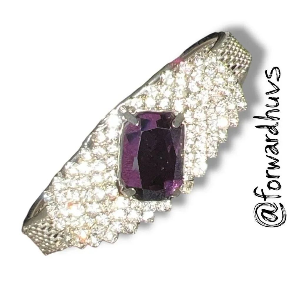 Vintage Hinge Clamper Bracelet – Purple Glass Center Stone – Clear Rhinestones